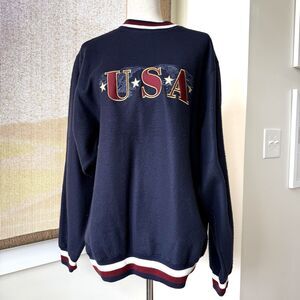 USA Sweatshirt Embroidered Medium Crewneck Long Sleeve | Navy Blue White‎